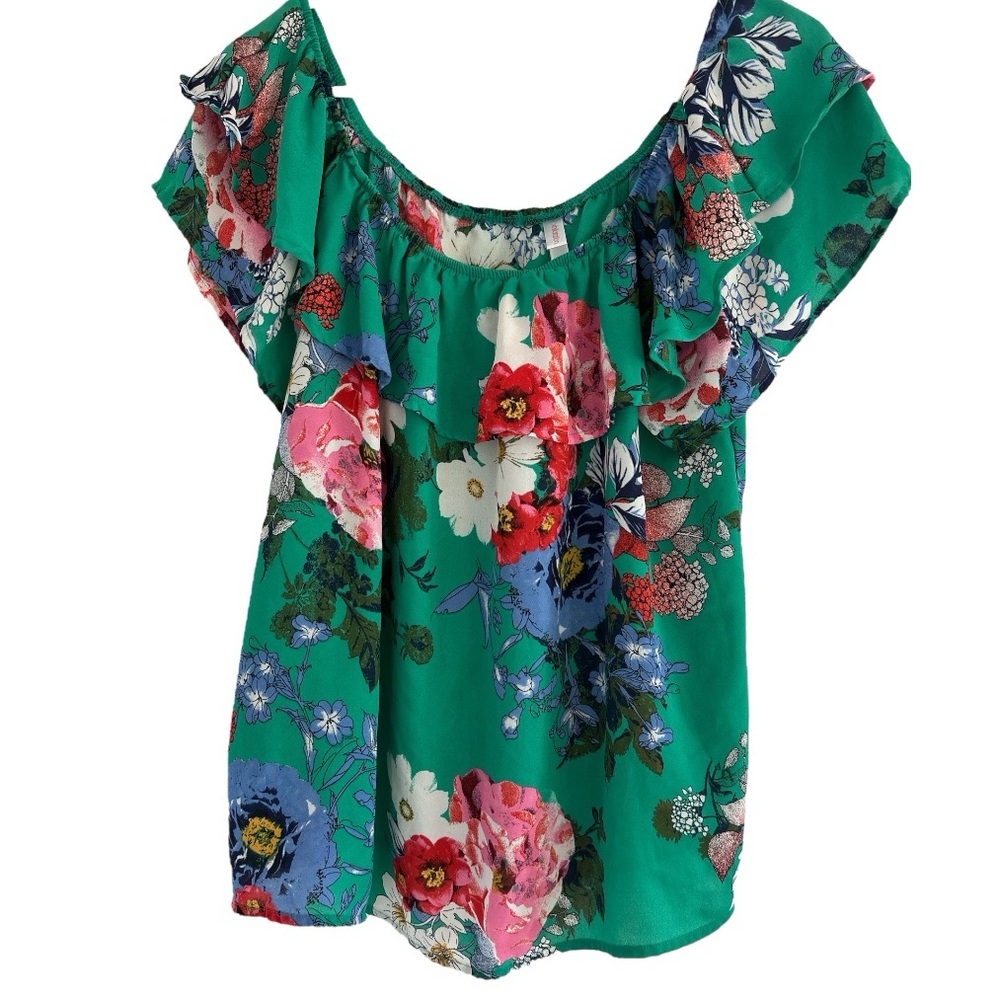 Xhilaration Off Shoulder Green Floral Blouse| Size L